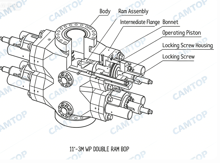 CAMTOP 11-inch 3M Double Ram BOP General Assembly Drawing — cross-section view showing ram body, intermediate flange, hydraulic cylinders with 8.75-inch diameter, bonnet assemblies, manual locking screws, and R53 flanged connections