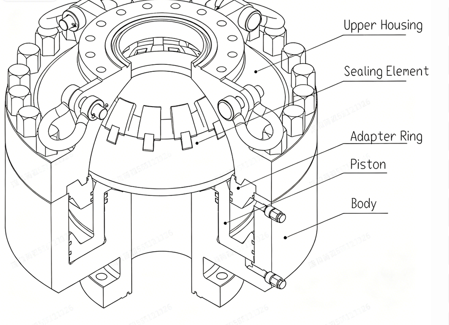 CAMTOP 11-inch 5M Annular BOP General Assembly Drawing — isometric view showing upper housing, sealing element, adapter ring, piston, body, studs, nuts, and R54 flanged/studded connections