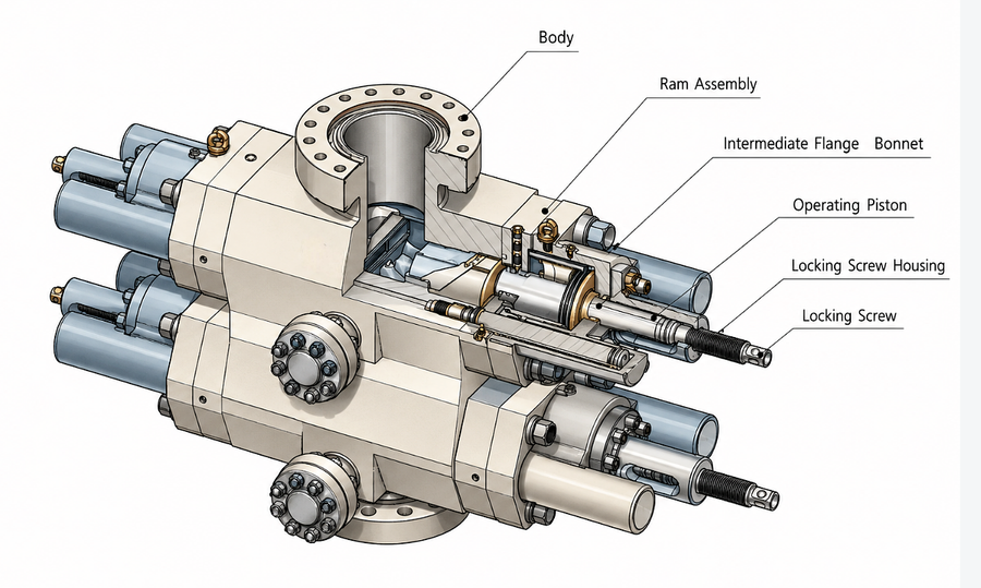 CAMTOP 13-5/8-inch 10M Double Ram BOP General Assembly Drawing — isometric view showing ram body, intermediate flange, hydraulic cylinders with 11-inch diameter, bonnet assemblies, manual locking screws, and BX159/BX155 flanged connections
