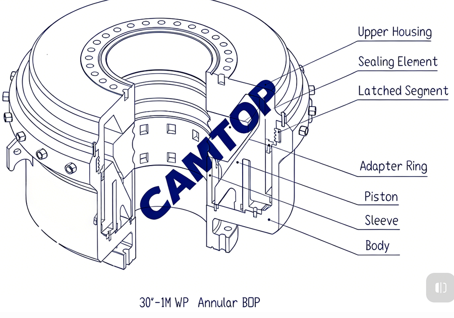 CAMTOP 30-inch 1M Annular BOP General Assembly Drawing — isometric view showing upper housing, sealing element, adapter ring, piston, body, and R95 flanged/studded connections for 30-inch conductor well control