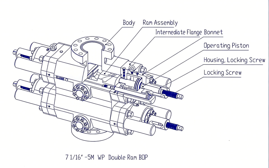 CAMTOP 7 1/16-inch Double Ram BOP General Assembly Drawing — isometric view showing upper housing, ram bodies, hydraulic cylinders, bonnets, side outlets, and flanged connections