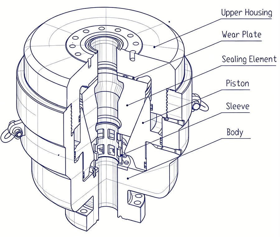 CAMTOP 7 1/16-inch 10M Annular BOP General Assembly Drawing — cross-section view showing upper housing, piston, sealing element, adapter ring, wear rings, and lower housing with BX156 flanged connection