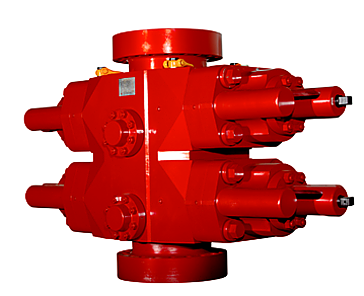 CAMTOP 7 1/16-inch 5000 psi Double Ram BOP — dual cavity blowout preventer with flanged connections, four studded side outlets, and hydraulic cylinders for pipe and blind ram operation