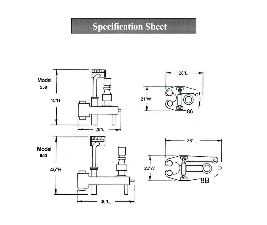 CAMTOP Pipe Spinner Model 550 and 950 technical specifications — dimensional drawings showing overall dimensions of 21-inch and 22-inch width, height of 28-inch and 36-inch respectively, with hydraulic and pneumatic configurations for oilfield tripping operations