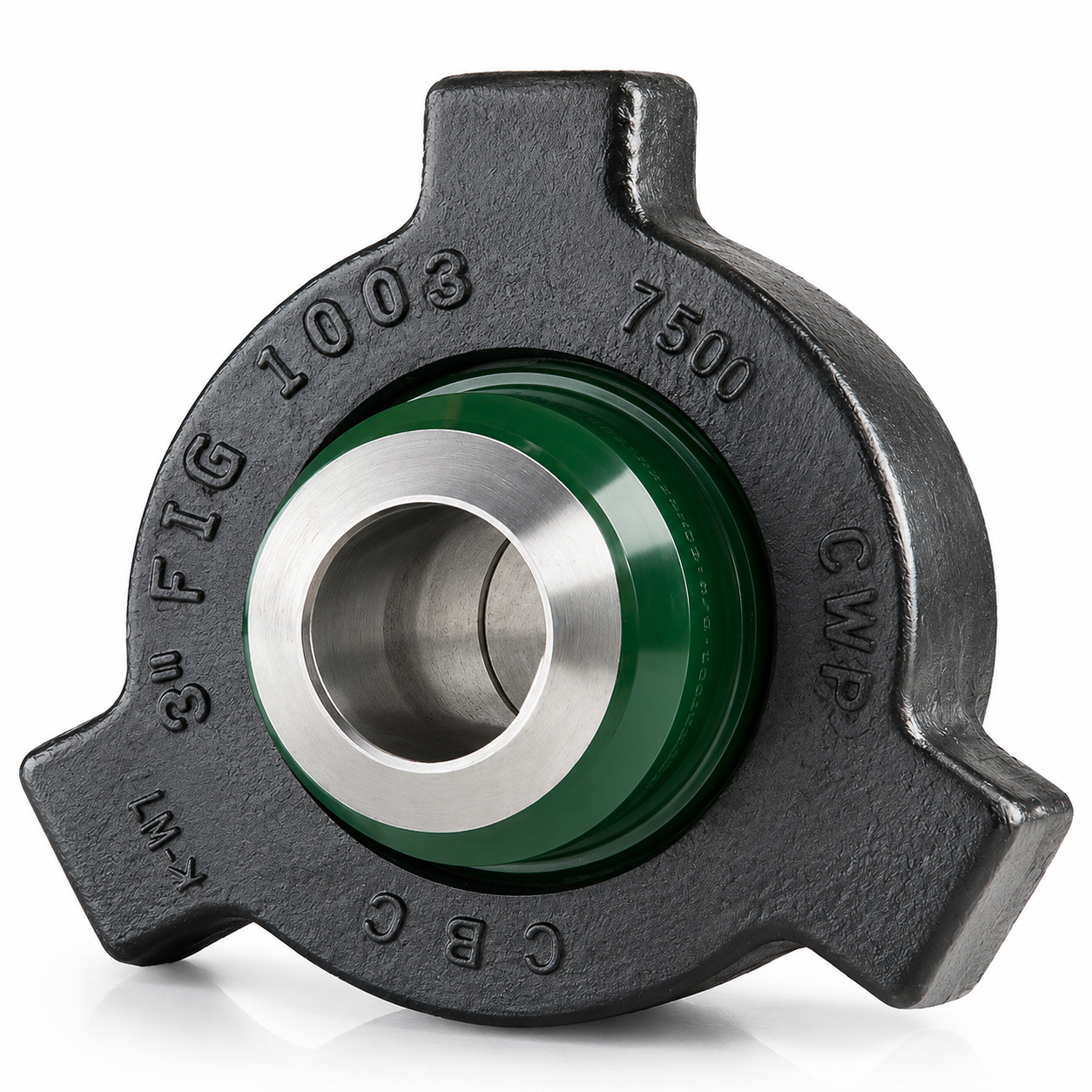 Figure 1003 WECO TYPE misaligning hammer union with black forged steel wing nut and green sealing ring displayed on a clean white background. High-pressure oilfield flowline union designed for drilling, fracturing, cementing, and pressure control applications