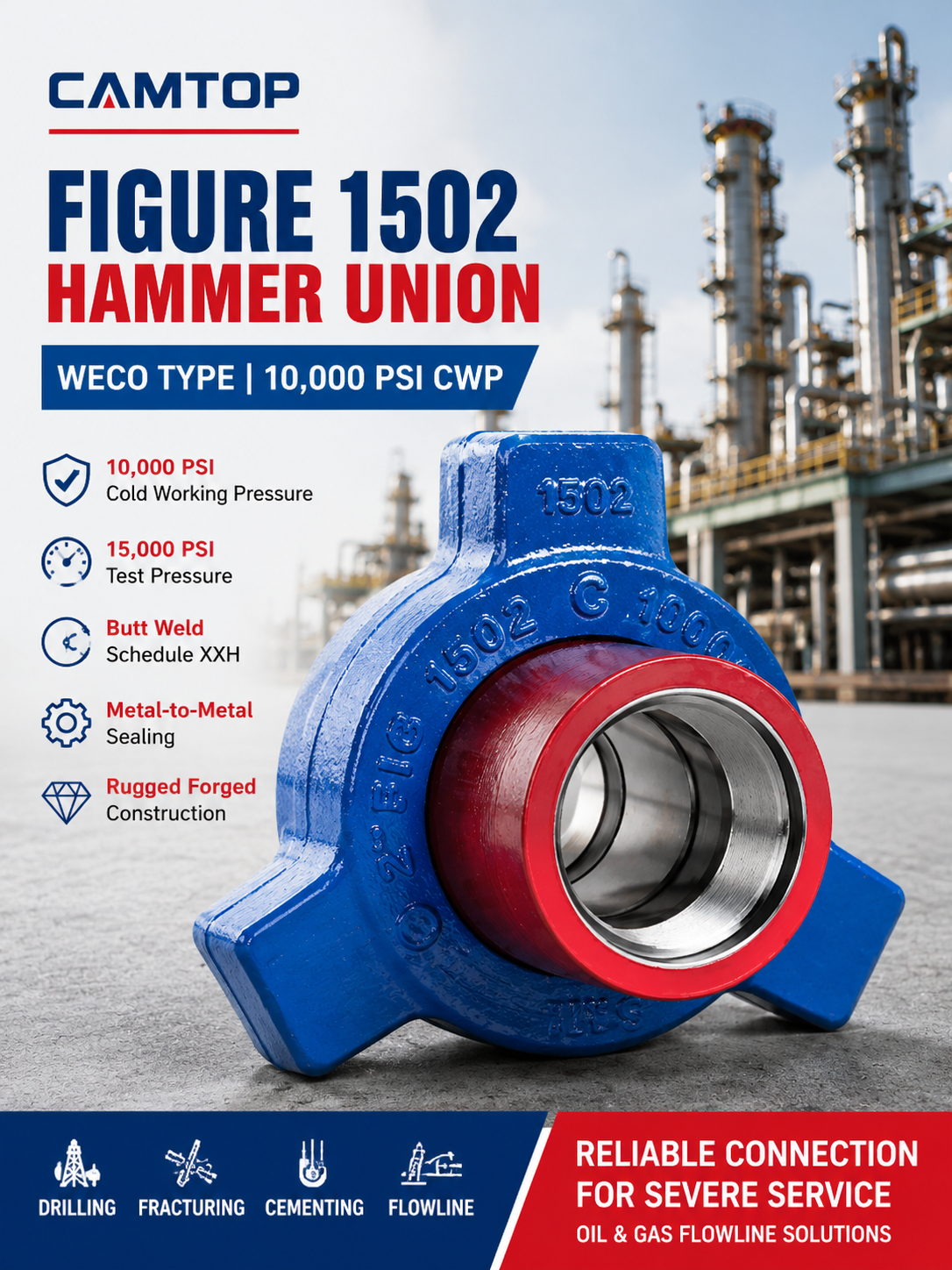 Industrial marketing banner for the Figure 1502 Hammer Union WECO TYPE featuring a blue high-pressure hammer union with red sealing surface displayed in front of an oil refinery background. The image highlights 10,000 PSI cold working pressure, 15,000 PSI test pressure, butt weld Schedule XXH connection, metal-to-metal sealing, and rugged forged construction for oilfield flowline and pressure control applications