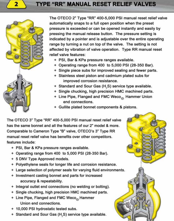 OTECO Type RR manual reset relief valve technical specifications showing 2 inch and 3 inch models with pressure ratings, features, and cutaway diagrams