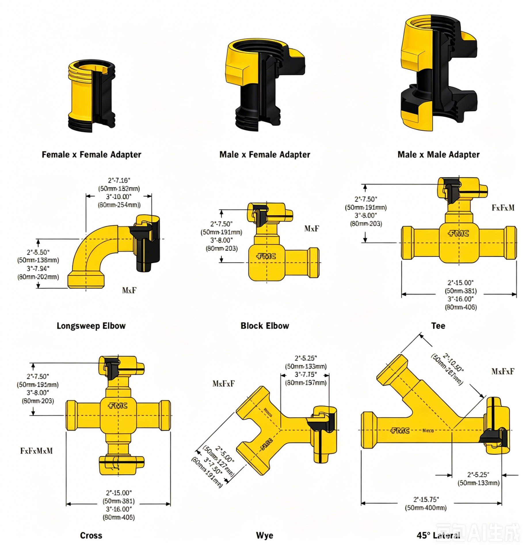 Weco adapters and integral fittings complete dimension drawings with measurements for all fitting types including adapters elbows tees crosses wyes and laterals
