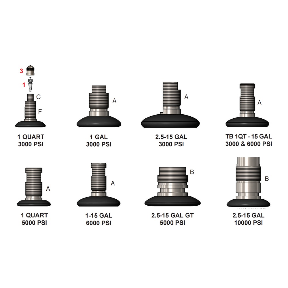 CAMTOP Gas Valve Size Variants — 1 Quart to 2.5-15 GAL with type A/B/C/F OD threads, 3000-10000 PSI, including stainless cap option (3) for 1 Quart