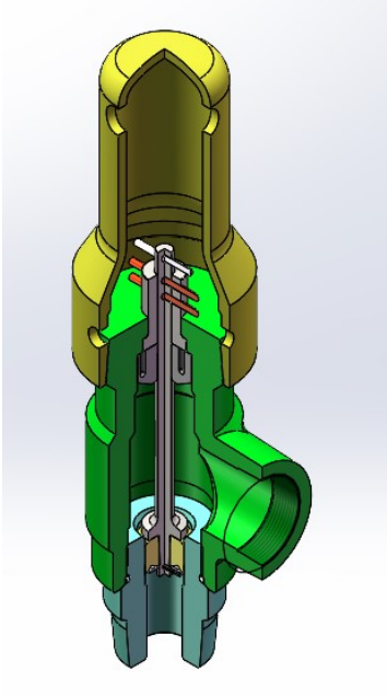 CAMTOP Pressure Relief Valve 3D Cutaway Cross-Section Diagram Showing Internal Shear Pin Stem Piston and Valve Body Assembly