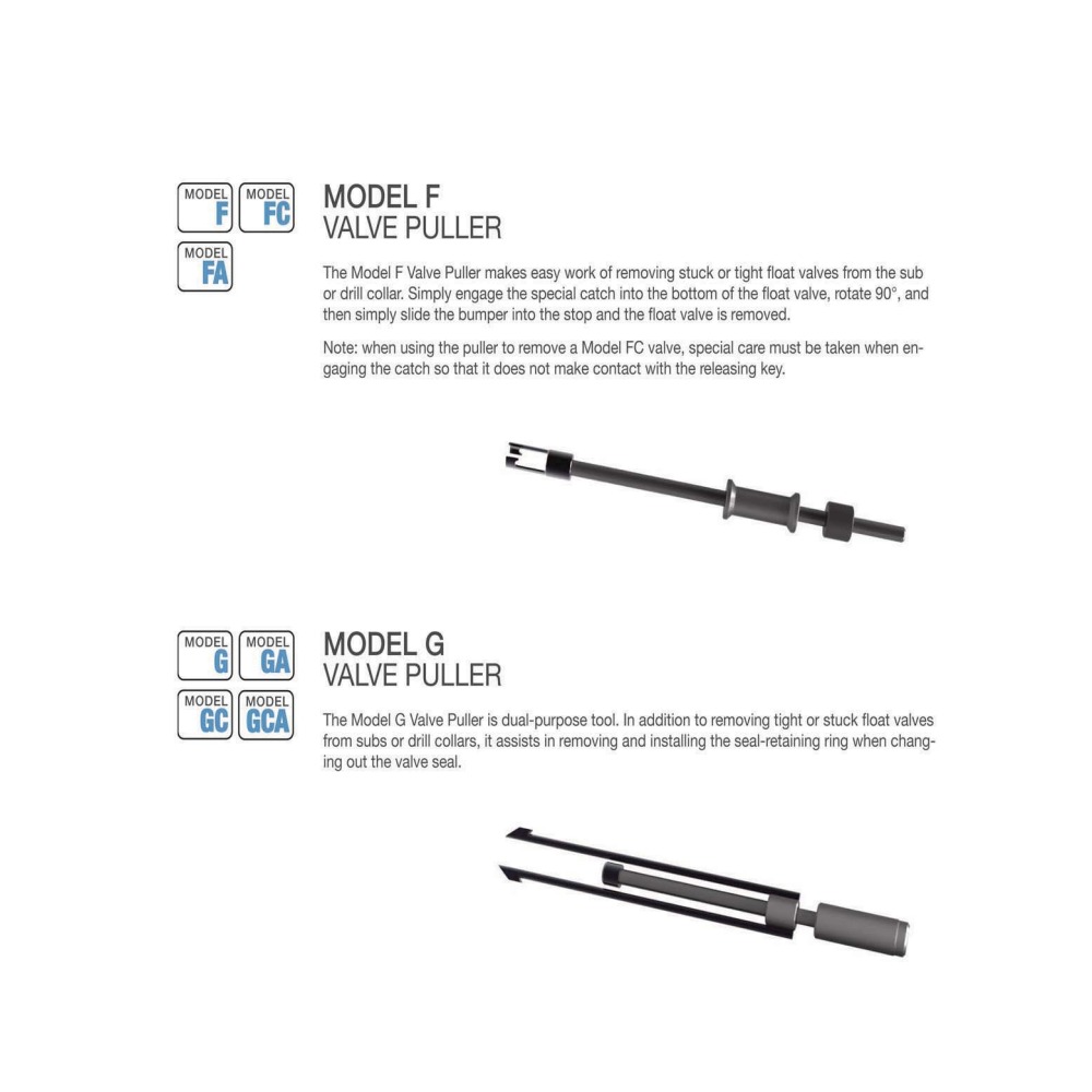 CAMTOP Valve Puller — Model F (F/FC/FA) and Model G (G/GA/GC/GCA) series with bumper stop and dual-purpose seal retainer tool, for removing stuck float valves from subs and drill collars