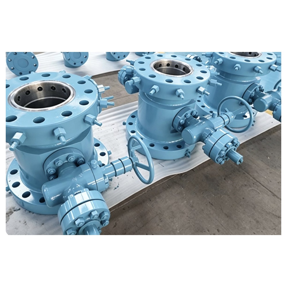 CAMTOP API 6A Casing Head Assembly - blue painted wellhead equipment with studded top connection, manual test/bleed valves, secondary seal penetrations, slip-type casing hanger and bottom flange for high-pressure wellhead applications