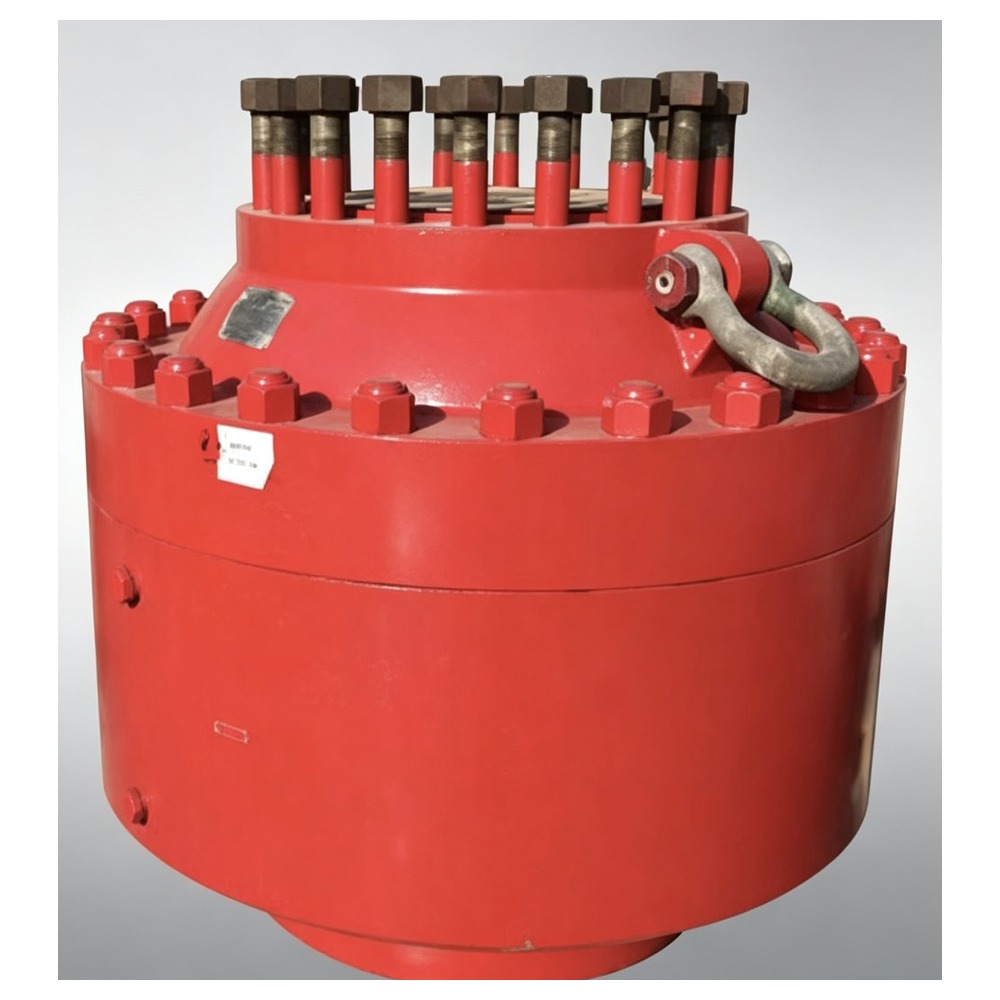 CAMTOP 7-1/16" 5M psi Bolted-Cover Spherical BOP actual product photo - red epoxy-coated forged steel body, top studded cover with red-painted B7 studs and nuts, lifting eye shackle, API 16A Class with data nameplate