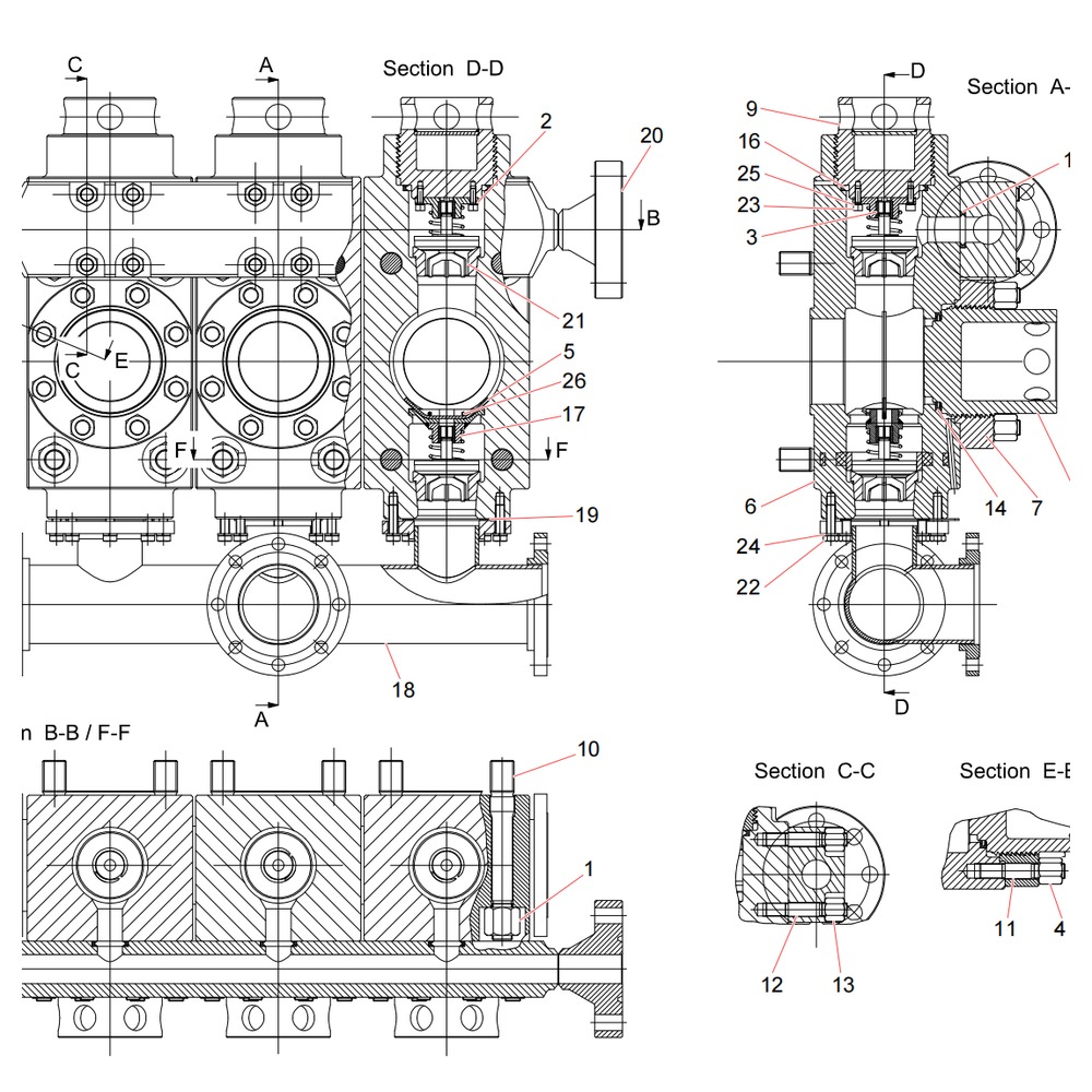 CAMTOP Triplex Pump Fluid End Assembly Engineering Section Drawing — Section D-D, A-A, B-B, C-C, E-E views showing fluid end body, suction/delivery manifold and valve cross-section