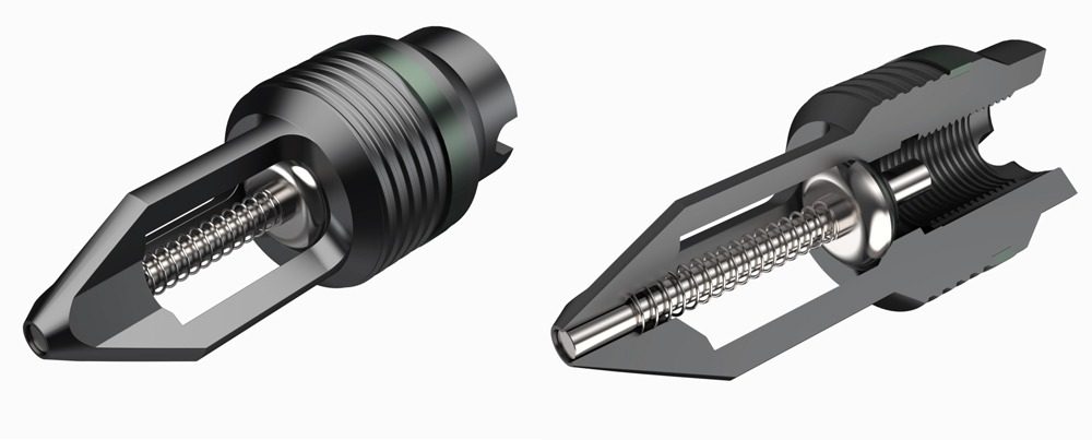 CAMTOP Type H back pressure valve BPV — black QPQ nitride check valve with Inconel spring, Viton seal and box thread, showing assembled view and exploded component view