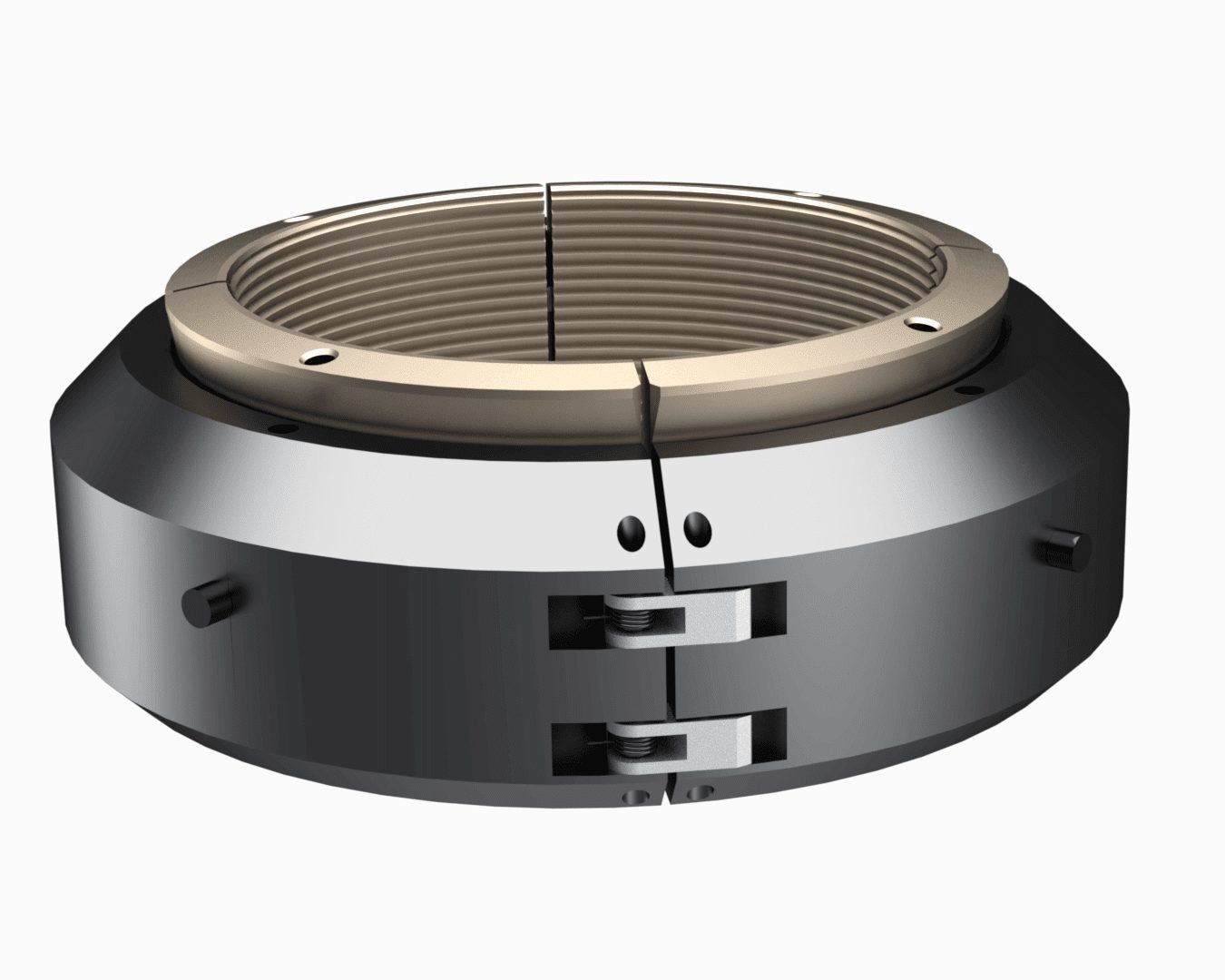 CAMTOP C-21 casing hanger closed position 3D rendering — wrap-around slip segments fully closed around casing, showing upper slip bowl and lower body with lock screws