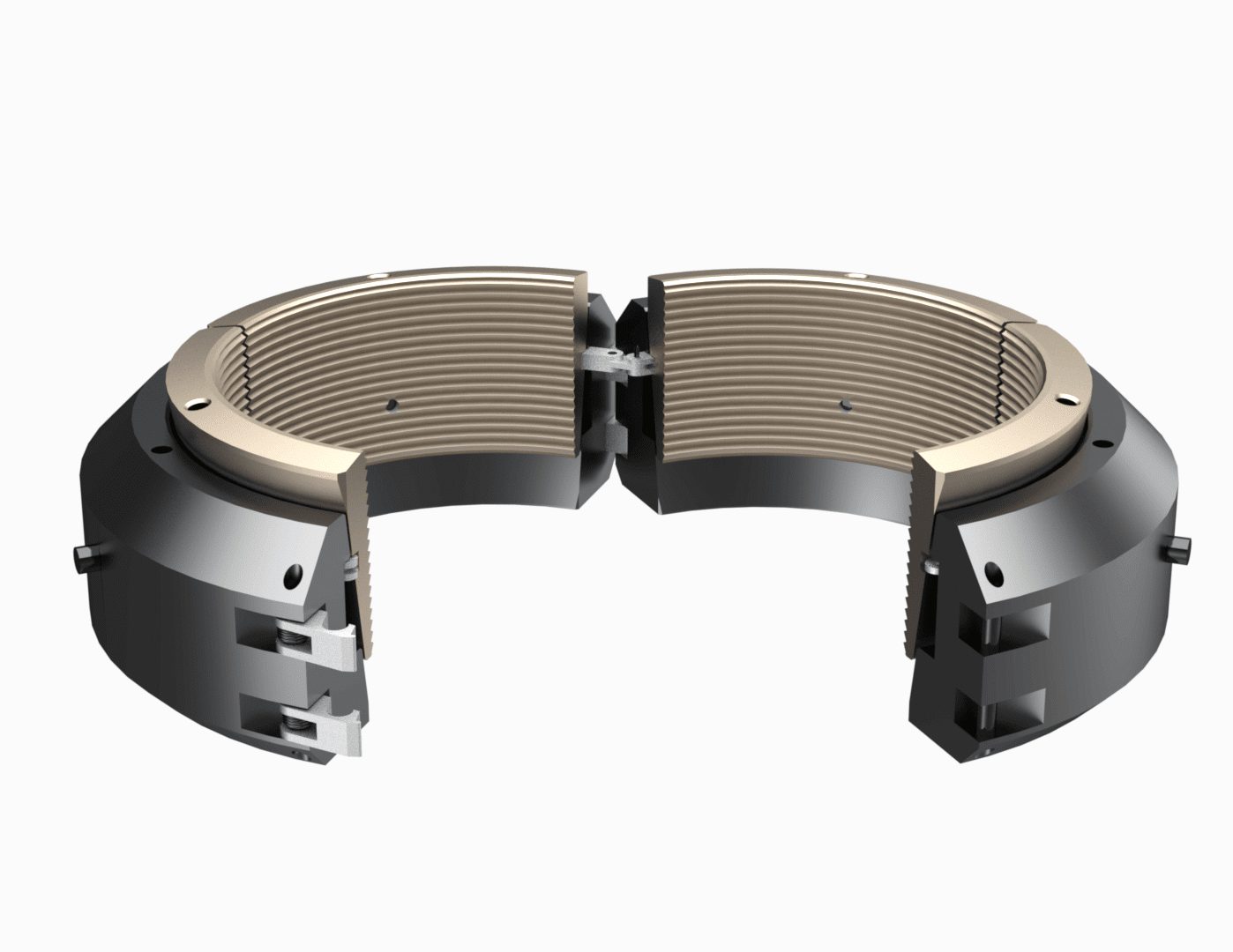 CAMTOP C-21 casing hanger open position 3D rendering — wrap-around slip type hanger with slip segments and slip recess, black steel body with machined slips for lightweight casing load applications, non-automatic sealing