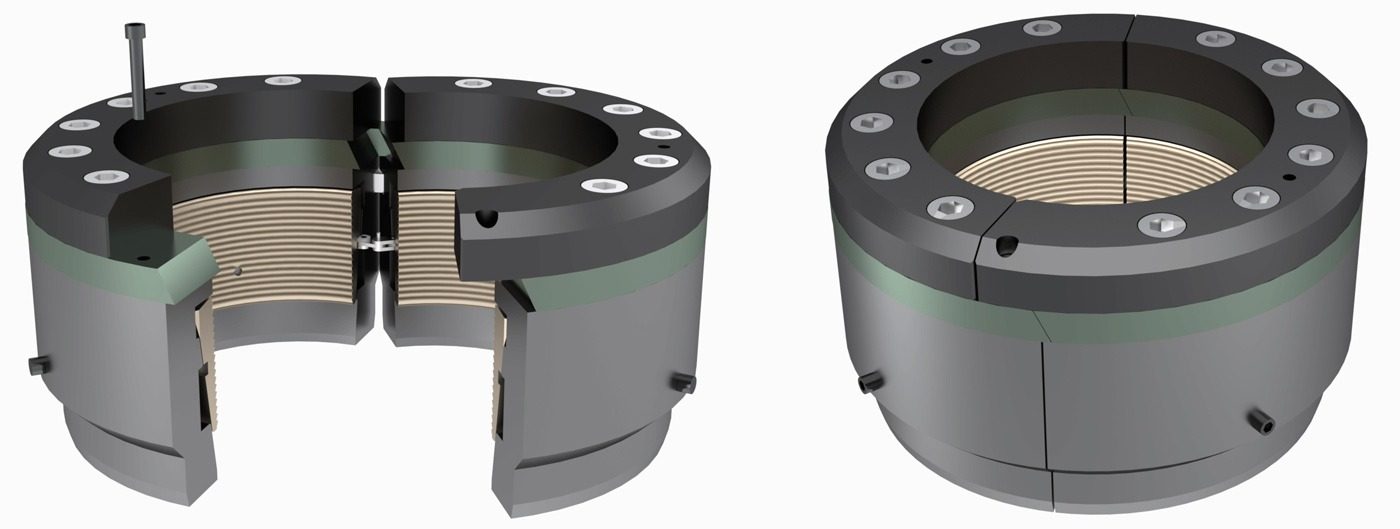 CAMTOP C21-P casing hanger open and closed positions 3D rendering — wrap-around slip type hanger with manual energized seal mechanism, cap-screws and lock-screws for torque-controlled packoff energizing