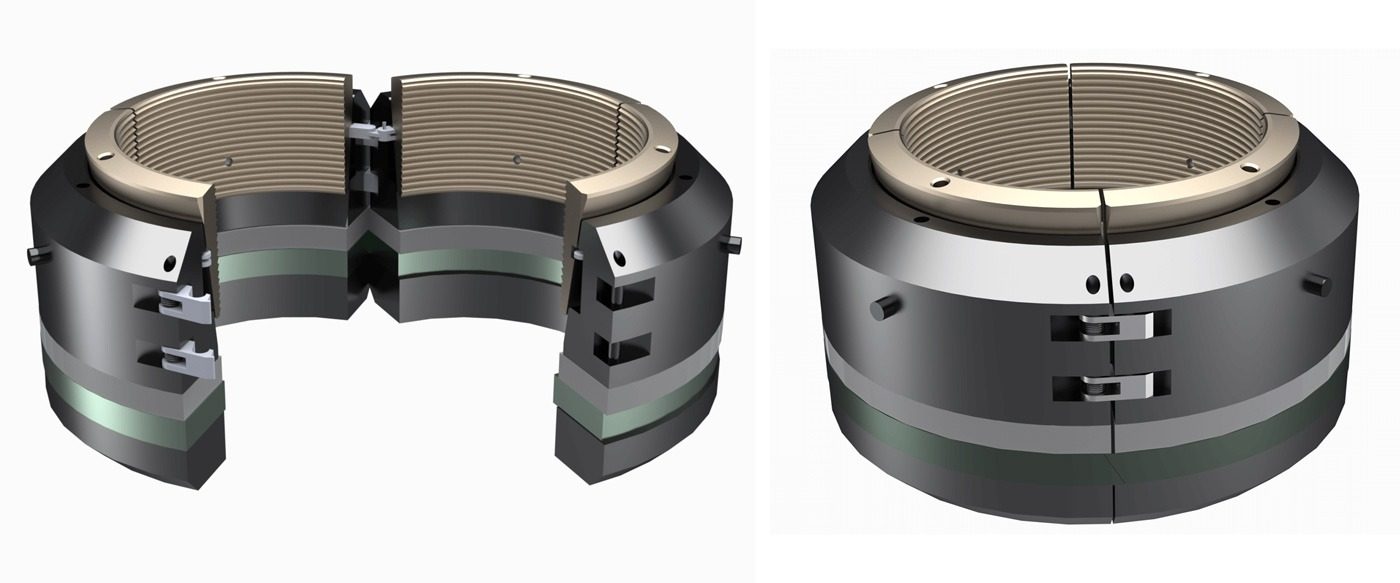 CAMTOP C-22 casing hanger open and closed positions 3D rendering — wrap-around slip type hanger with integrated automatic packoff seal, green seal rings and lock screws, for medium casing load applications