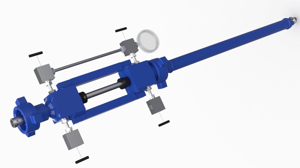 CAMTOP Type H back pressure valve BPV lubricator 3D rendering — blue manual lubricator with central window frame, gauge, needle valves and long polished rod extension, for installing BPV or TWCV into wellhead tubing hanger at 10000 PSI NACE trim or 15000 PSI flanged ratings