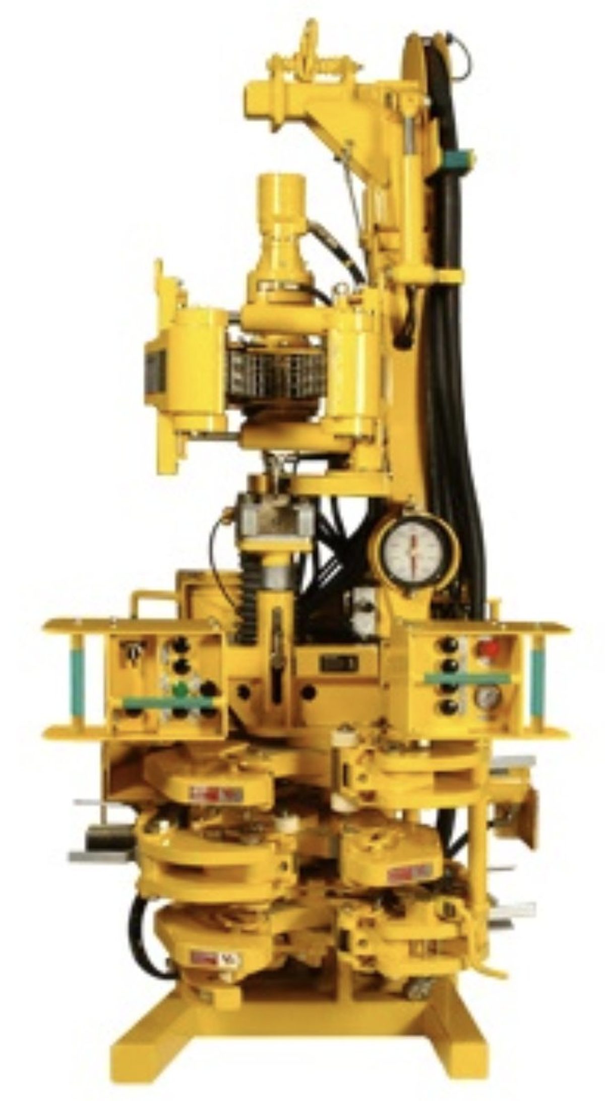 Hawk Industries HAWKJAW JR iron roughneck power tong / hydraulic tong — yellow modular make-up and break-out unit combining spinning and torque wrenches, with torque gauge, dual control handles, lifting balance screw and self-energized grip system, for 3-1/2 to 8 inch OD tool joints, torque up to 65,000 ft-lbs