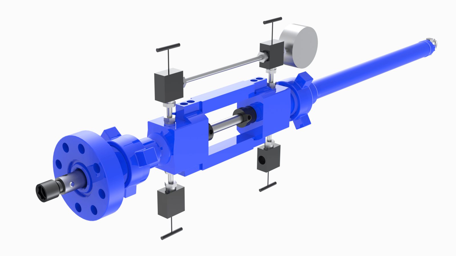 CAMTOP valve removal VR plug manual lubricator 3D rendering — blue lubricator with central window frame, gauge, needle valves and polished rod extension, for installing valve removal plugs into wellhead side outlets without killing the well