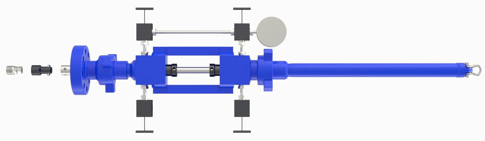 CAMTOP valve removal VR plug lubricator detail view — close-up of packing gland seal assembly, yoke and manifold components