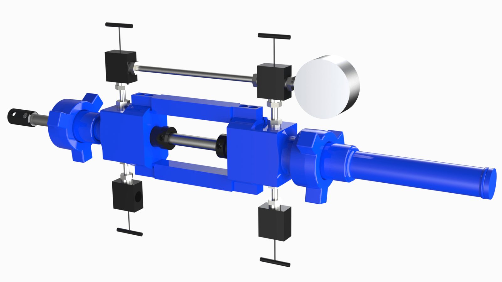CAMTOP valve removal VR plug lubricator compact model 3D rendering — short blue lubricator with yoke, gauge and polished rod, very compact 42.5