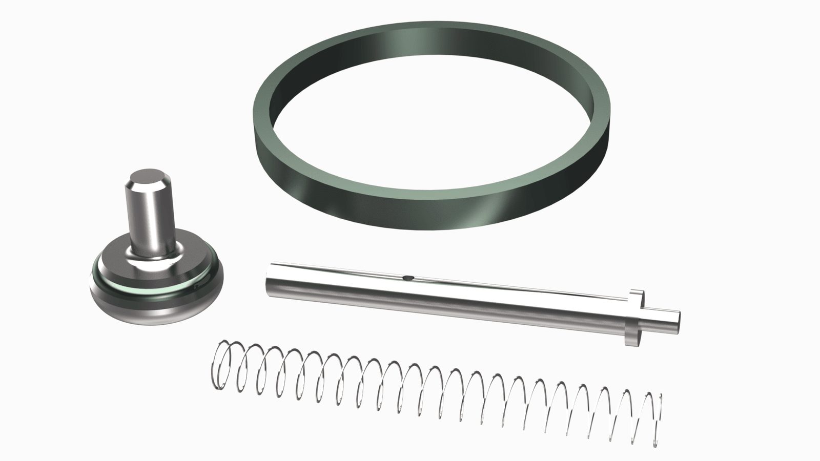 CAMTOP Type H back pressure valve repair kit — piston with molded seal, stem, Inconel spring and OD seal components laid out on white background