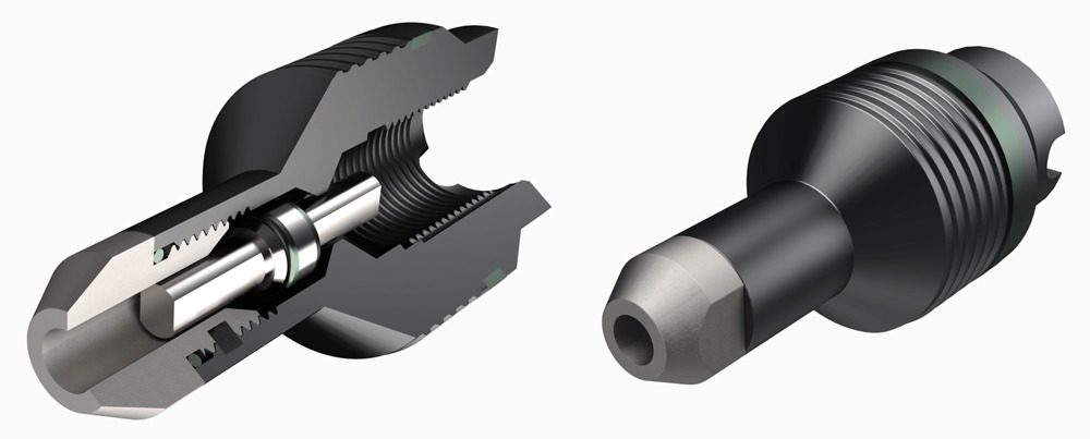 CAMTOP Type H two-way check valve TWCV — black QPQ nitride check valve with Viton seal and box thread, assembled view with exploded component view